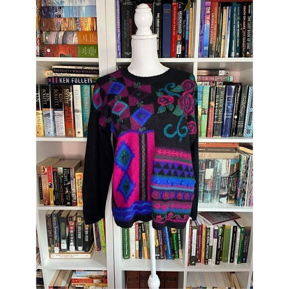 Segue Black Pink Pullover Knitted Mixed Print Lambswool Sweater Size Large - Picture 2 of 5
